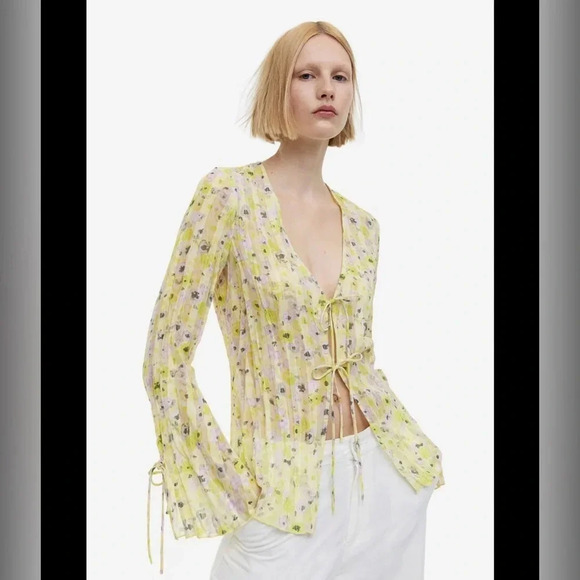 H&M Tops - H&M yellow floral sheer blouse with tie front XS Pleated A-Line Deep V-Neckline